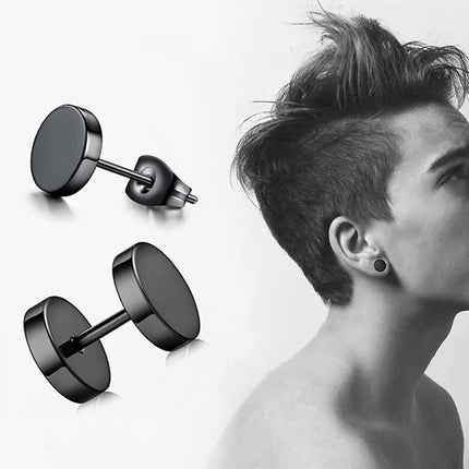 Pair Black Flat Round Barbell Plug Stud Earrings Stainless Steel Mens Gym 4-12MM - Aimall