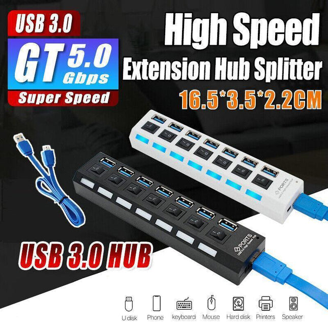 7 Port USB 3.0 High Speed Extension Hub Splitter Extender For PC Laptop MacBook - Aimall
