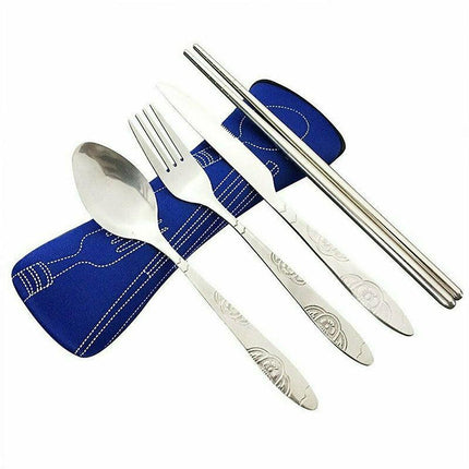 4 Pcs Cutlery Travel Knife Fork Portable Bag Stainless Steel Spoon Chopstick Set - Aimall